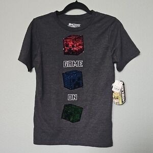 Mojang Gray NWT Boys Size Large Game On Pixel Sequin Design Short Sleeve Tee